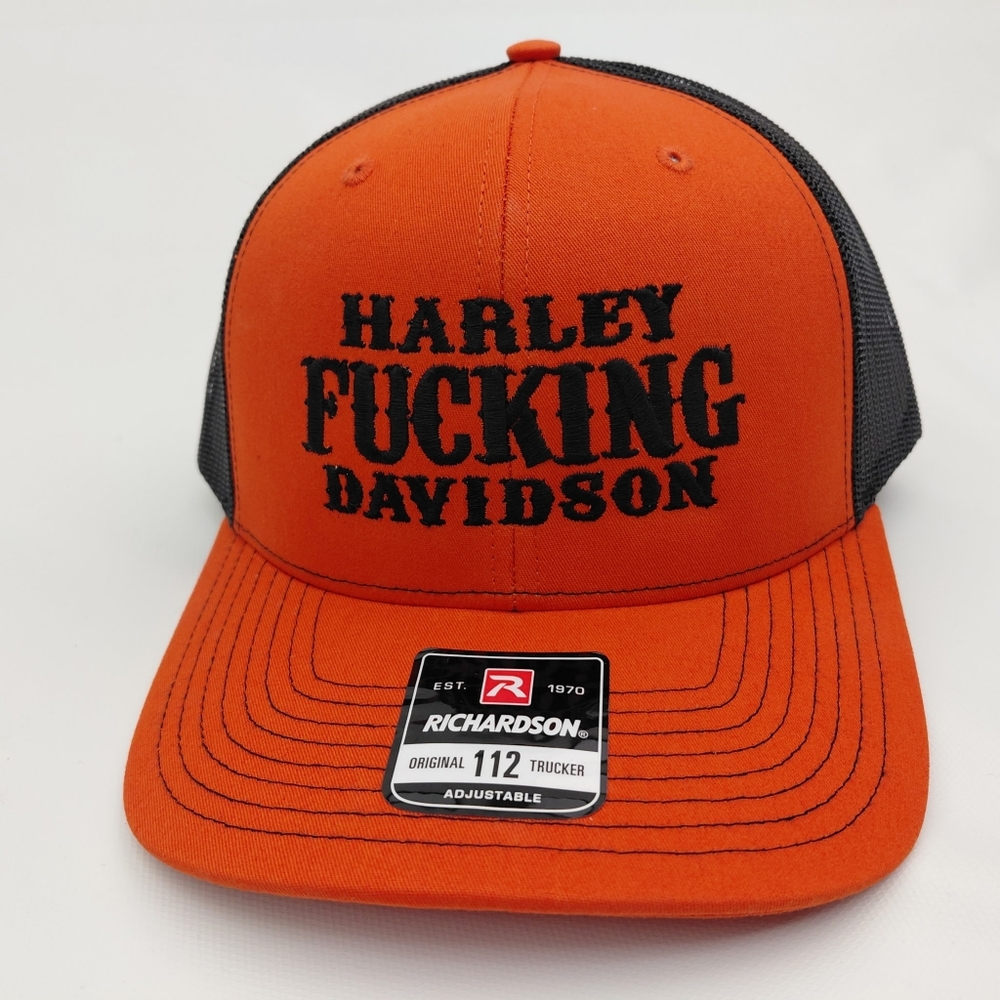 Richardson 112 Harley F***ing Davidson Trucker Hat - Orange & Black - NEW CUSTOM